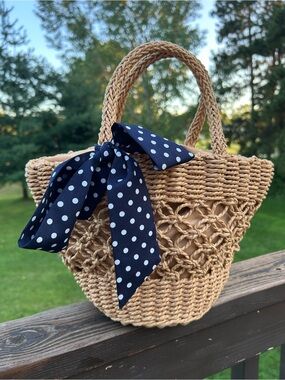 Woven Straw Tote Bag with Navy Polka Dot Bow